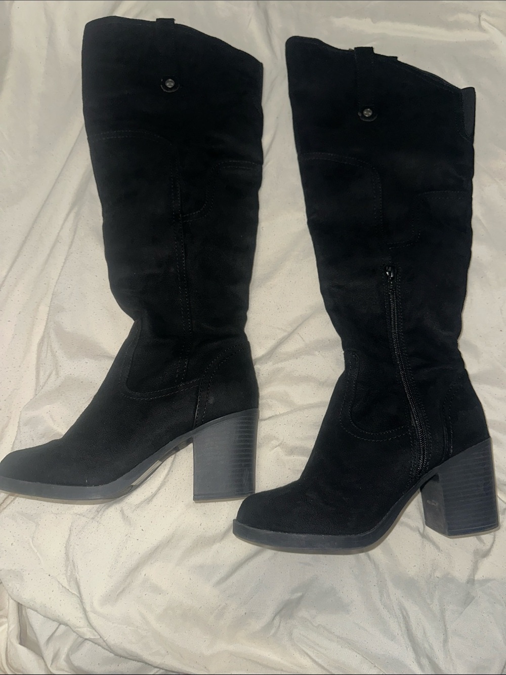 Black Suede Mid-Calf Block Heel Boots with Side Zip